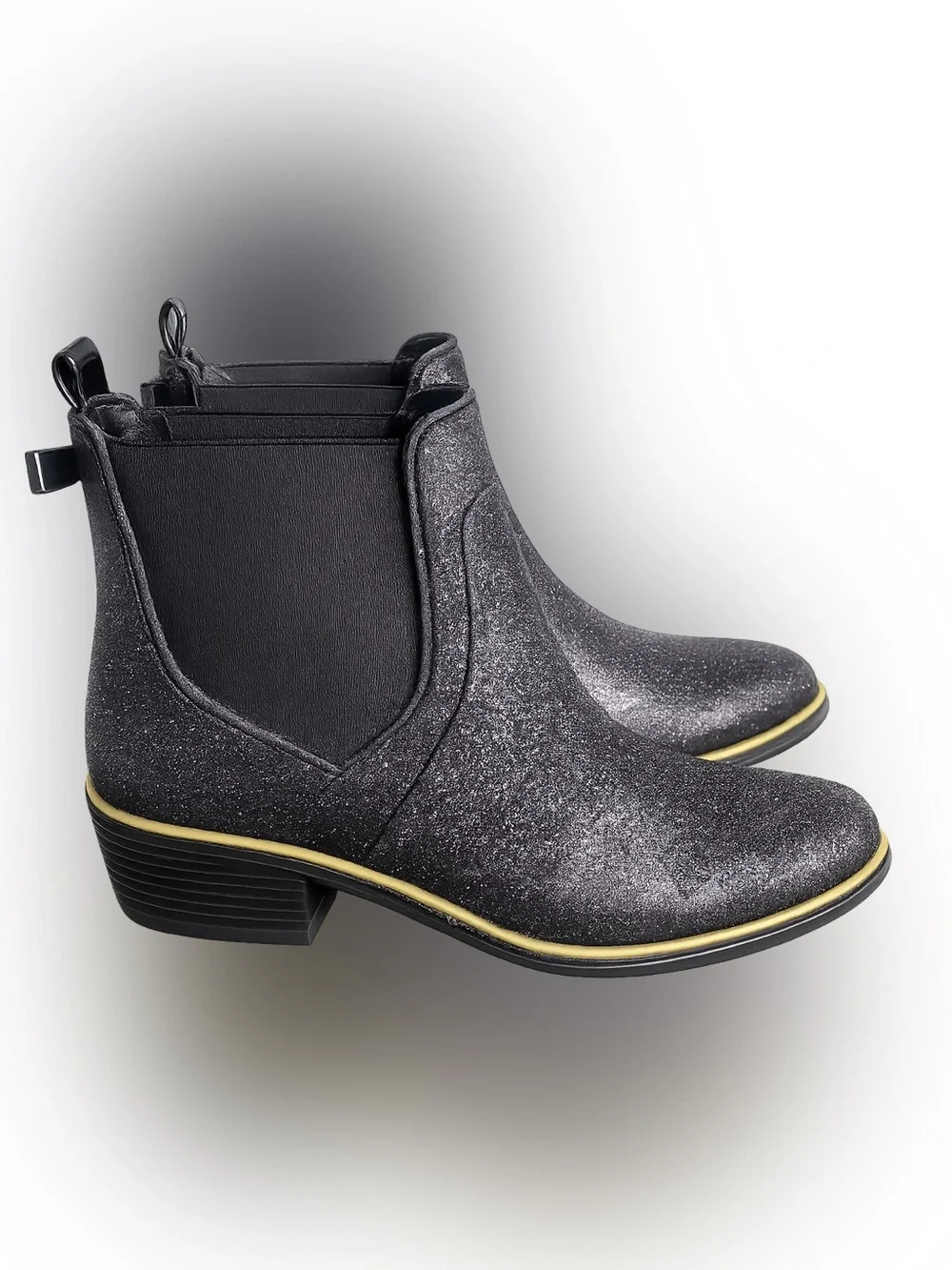Kate Spade Sedgwick Chelsea Glitter Rain Boots Sz 7 Black Bow Gold Detail NWOB